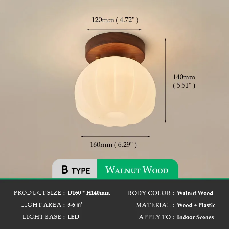 Walnut Wood Roll Molded Pumpkin, Wabi Sabi Modern, Flush Ceiling light fixture for Entrance Hall, Corridor, Balcony, Entrance - Image 8