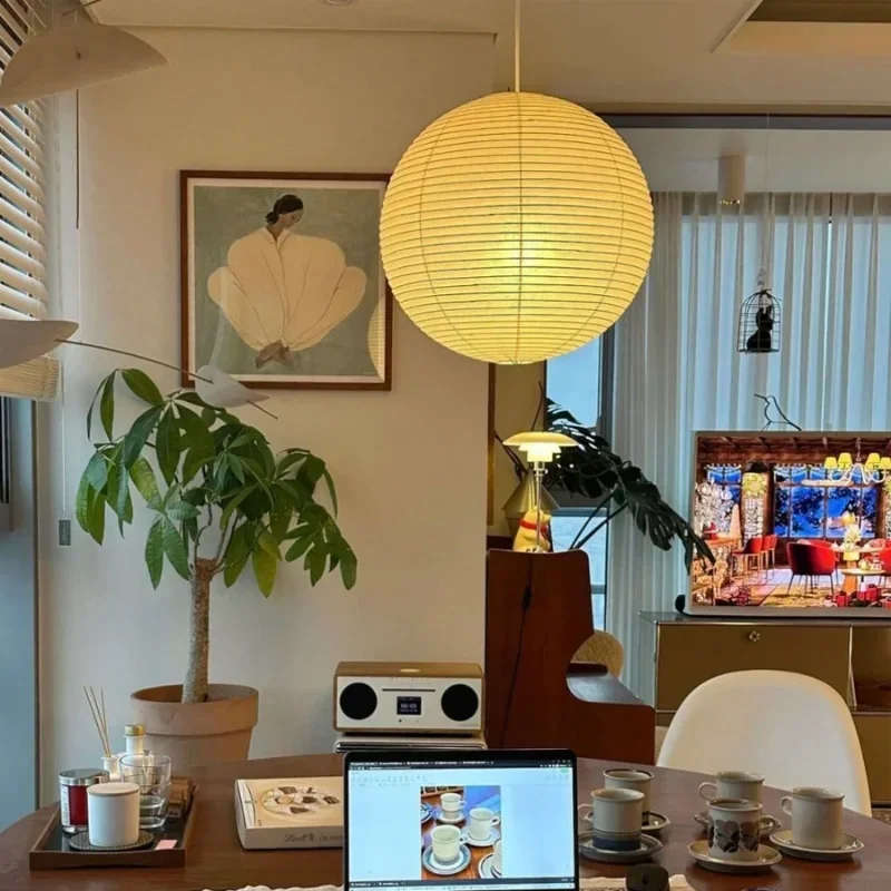 Washi Paper Pendant Lights Round Suspension Chandelier Hanging Lamp for Living Room Bedroom - Image 4